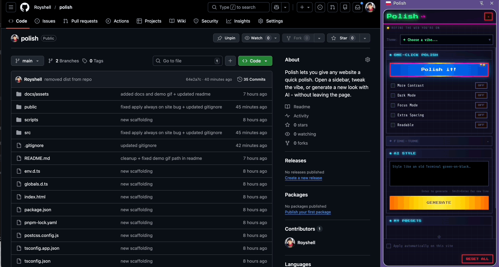 Polish in action — restyling a website from the sidebar